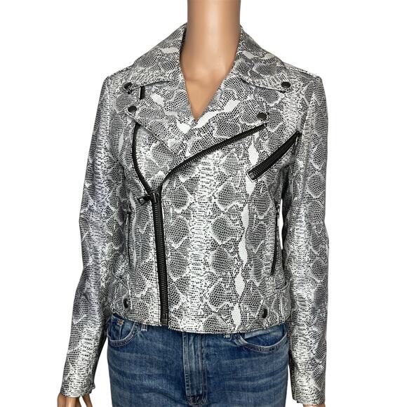 Alice+Olivia Lambleather Snake Print Moto Jacket Size Small Cropped Black White - Picture 3 of 11